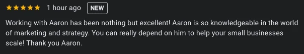 Google review: 5 stars, knowledgeable in marketing and strategy